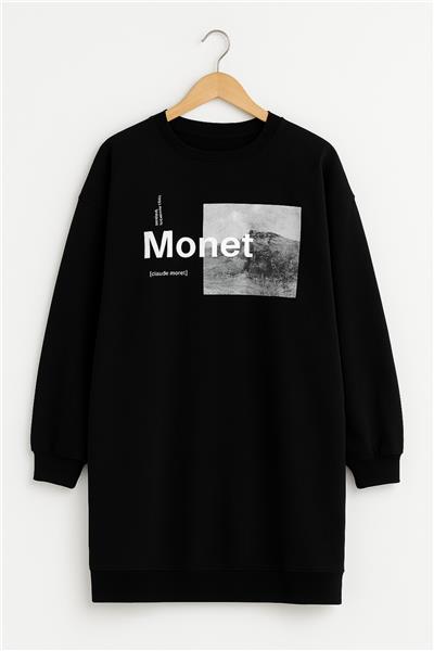Kadın Oversize Baskılı Uzun Sweatshirt / Tunik 24539 Siyah