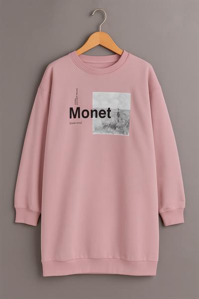 Kadın Oversize Baskılı Uzun Sweatshirt / Tunik 24539 Gül Kurusu