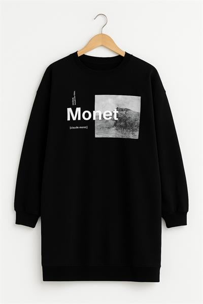 Kadın Oversize Baskılı Uzun Sweatshirt / Tunik 24539 Siyah