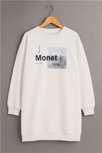 Kadın Oversize Baskılı Uzun Sweatshirt / Tunik 24539 Ekru