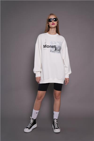 Kadın Oversize Baskılı Uzun Sweatshirt / Tunik 24539 Ekru