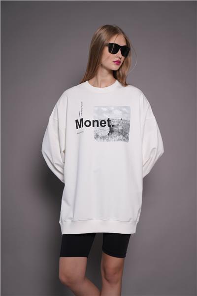 Kadın Oversize Baskılı Uzun Sweatshirt / Tunik 24539 Ekru