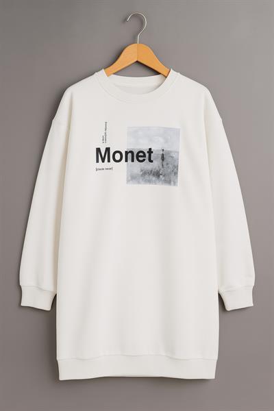 Kadın Oversize Baskılı Uzun Sweatshirt / Tunik 24539 Ekru