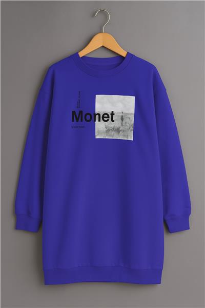 Kadın Oversize Baskılı Uzun Sweatshirt / Tunik 24539 Sax