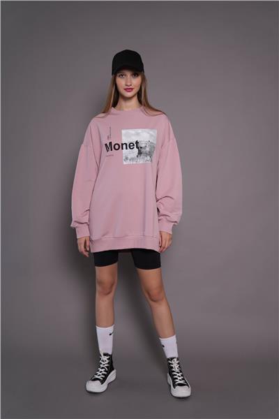 Kadın Oversize Baskılı Uzun Sweatshirt / Tunik 24539 Gül Kurusu