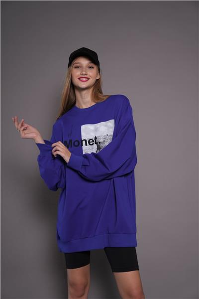 Kadın Oversize Baskılı Uzun Sweatshirt / Tunik 24539 Sax