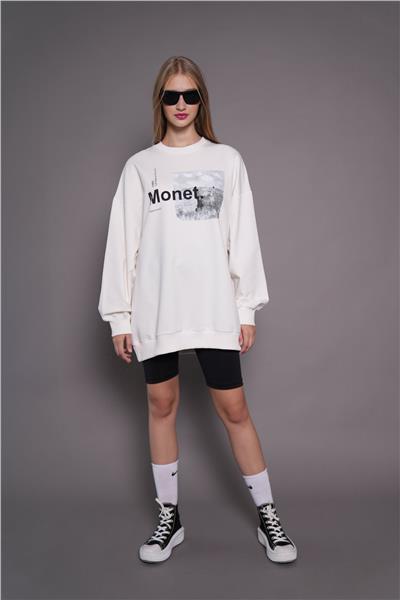 Kadın Oversize Baskılı Uzun Sweatshirt / Tunik 24539 Ekru