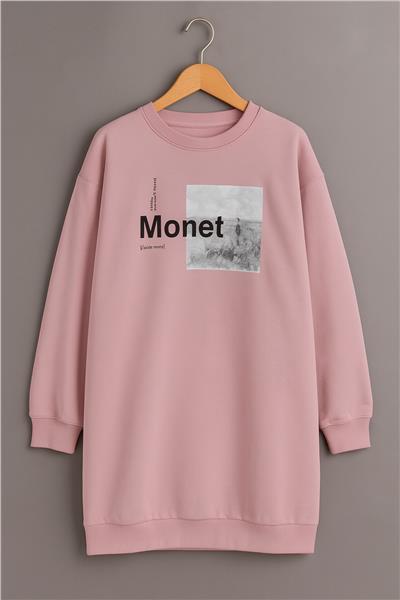 Kadın Oversize Baskılı Uzun Sweatshirt / Tunik 24539 Gül Kurusu