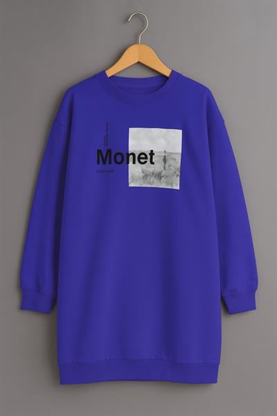 Kadın Oversize Baskılı Uzun Sweatshirt / Tunik 24539 Sax