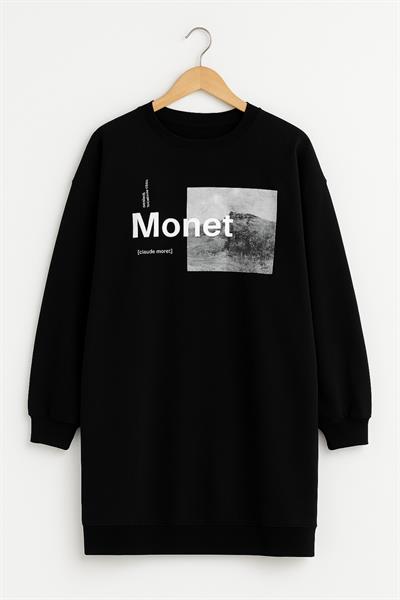 Kadın Oversize Baskılı Uzun Sweatshirt / Tunik 24539 Siyah