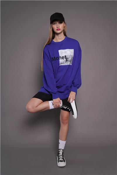 Kadın Oversize Baskılı Uzun Sweatshirt / Tunik 24539 Sax