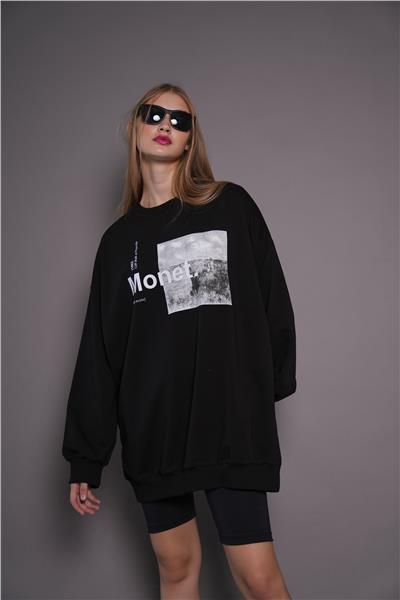 Kadın Oversize Baskılı Uzun Sweatshirt / Tunik 24539 Siyah