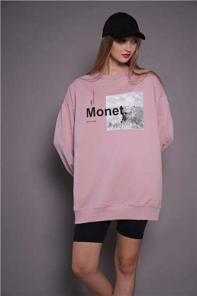 Kadın Oversize Baskılı Uzun Sweatshirt / Tunik 24539 Gül Kurusu