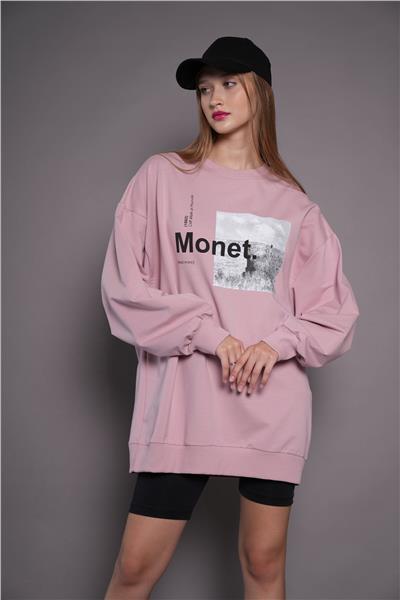 Kadın Oversize Baskılı Uzun Sweatshirt / Tunik 24539 Gül Kurusu