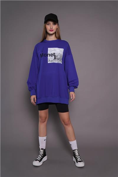 Kadın Oversize Baskılı Uzun Sweatshirt / Tunik 24539 Sax