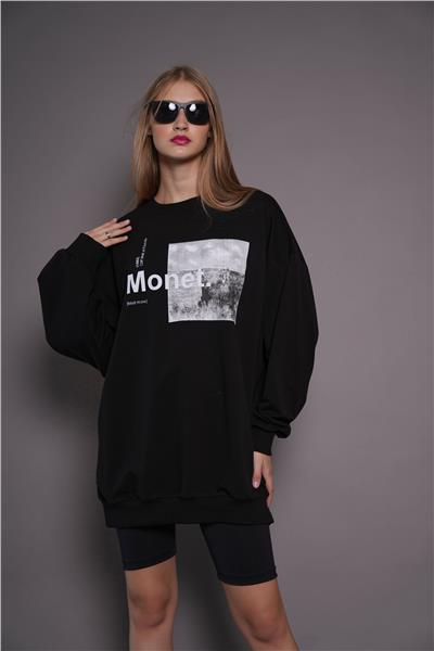 Kadın Oversize Baskılı Uzun Sweatshirt / Tunik 24539 Siyah