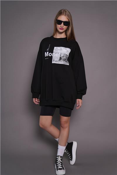 Kadın Oversize Baskılı Uzun Sweatshirt / Tunik 24539 Siyah