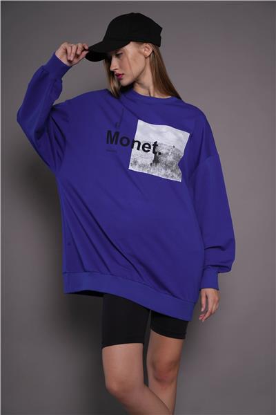 Kadın Oversize Baskılı Uzun Sweatshirt / Tunik 24539 Sax