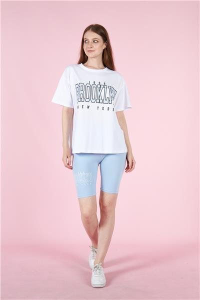 Kadın Oversize T-Shirt Ve Taytlı Spor Takım Pamuklu 23008 Mavi