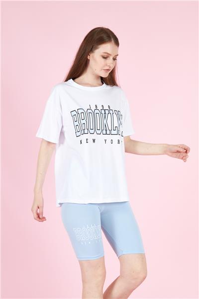 Kadın Oversize T-Shirt Ve Taytlı Spor Takım Pamuklu 23008 Mavi