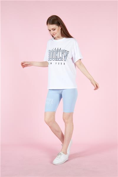 Kadın Oversize T-Shirt Ve Taytlı Spor Takım Pamuklu 23008 Mavi