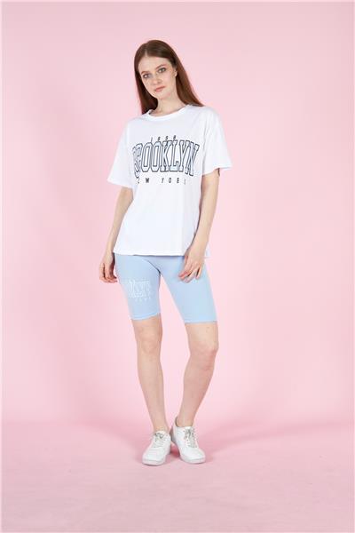 Kadın Oversize T-Shirt Ve Taytlı Spor Takım Pamuklu 23008 Mavi