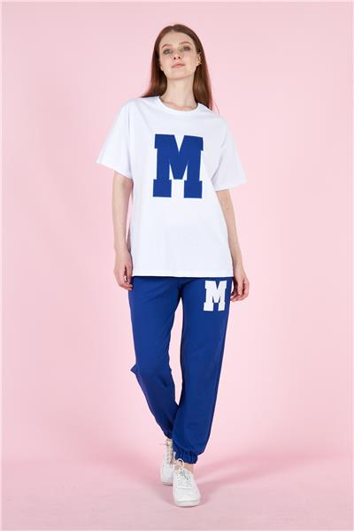 Kadın Oversize Tişört M Logolu Cepli Eşofman Takımı 23070 Sax