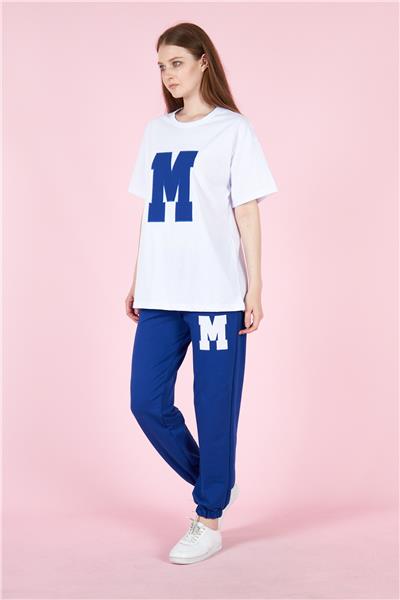 Kadın Oversize Tişört M Logolu Cepli Eşofman Takımı 23070 Sax