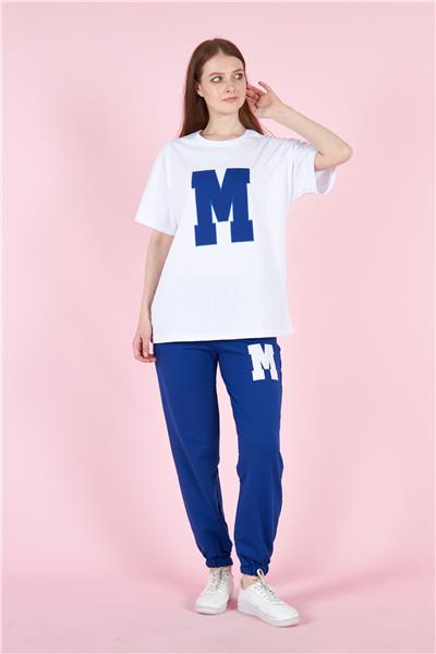 Kadın Oversize Tişört M Logolu Cepli Eşofman Takımı 23070 Sax