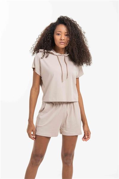 Kadın Pamuklu Kapüşonlu Cepli Şortlu Takım 22018 Vizon