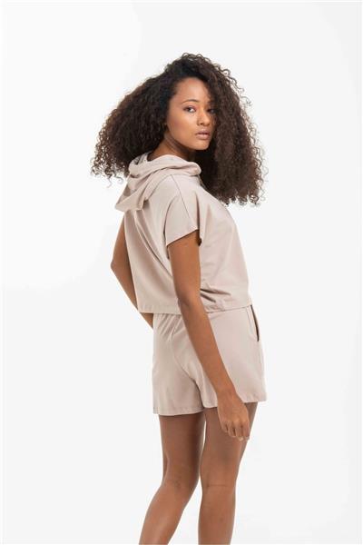 Kadın Pamuklu Kapüşonlu Cepli Şortlu Takım 22018 Vizon