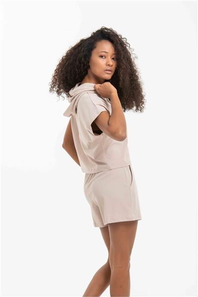 Kadın Pamuklu Kapüşonlu Cepli Şortlu Takım 22018 Vizon