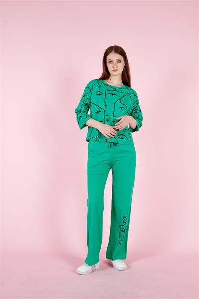 Kadın Pamuklu Penye Pantolonlu Takım Yazlık Cepli Yarım Kollu 23066 Yeşil