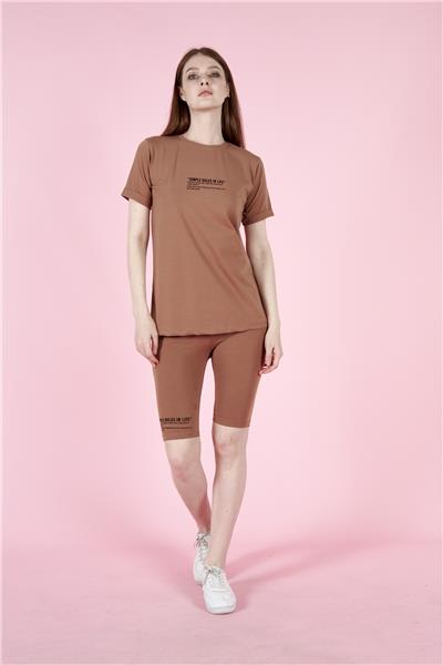 Kadın T-Shirt Ve Taytlı Spor Takım Pamuklu 23022 Taba