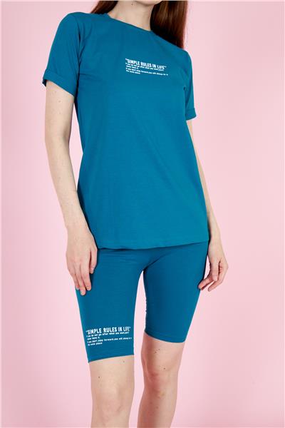 Kadın T-Shirt Ve Taytlı Spor Takım Pamuklu 23022 Petrol