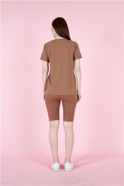 Kadın T-Shirt Ve Taytlı Spor Takım Pamuklu 23022 Taba