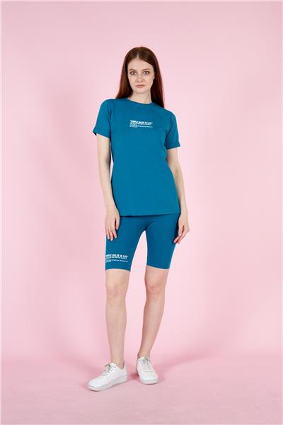 Kadın T-Shirt Ve Taytlı Spor Takım Pamuklu 23022 Petrol