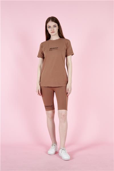 Kadın T-Shirt Ve Taytlı Spor Takım Pamuklu 23022 Taba
