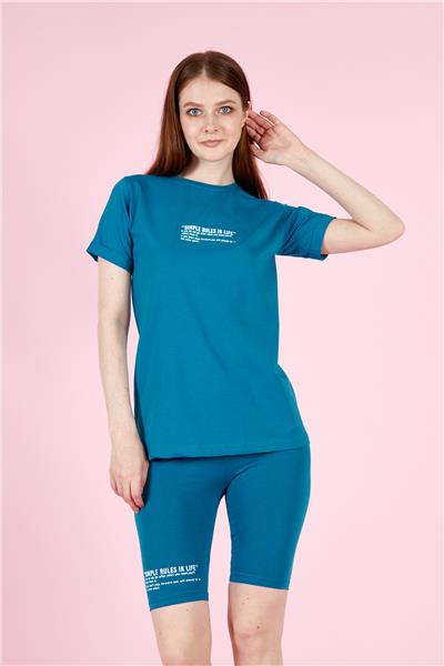 Kadın T-Shirt Ve Taytlı Spor Takım Pamuklu 23022 Petrol