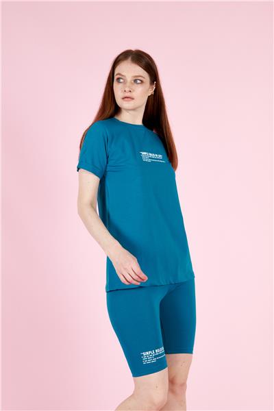 Kadın T-Shirt Ve Taytlı Spor Takım Pamuklu 23022 Petrol