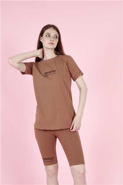 Kadın T-Shirt Ve Taytlı Spor Takım Pamuklu 23022 Taba