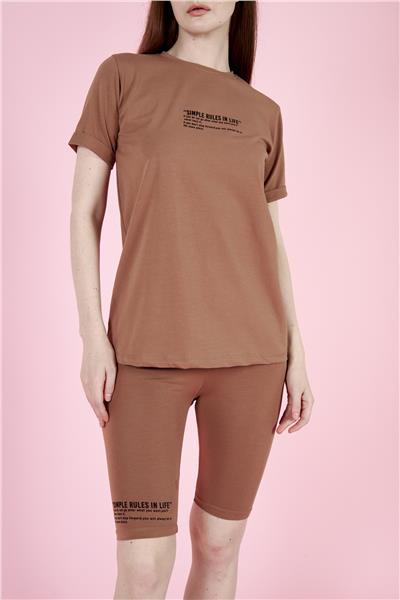 Kadın T-Shirt Ve Taytlı Spor Takım Pamuklu 23022 Taba