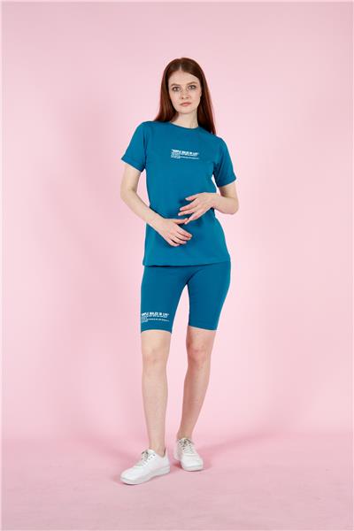Kadın T-Shirt Ve Taytlı Spor Takım Pamuklu 23022 Petrol