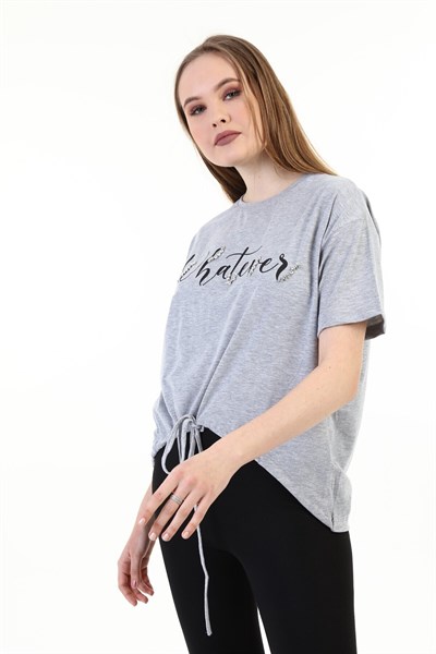 Kadın Taşlı Baskılı Gri T-shirt 20010