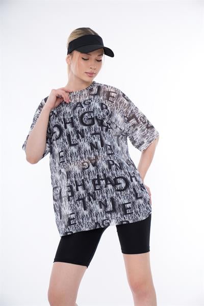 Kadın Tül Tişörtlü 3lü Spor Takım - Oversize Tişört, Tayt ve Atlet Set 25011