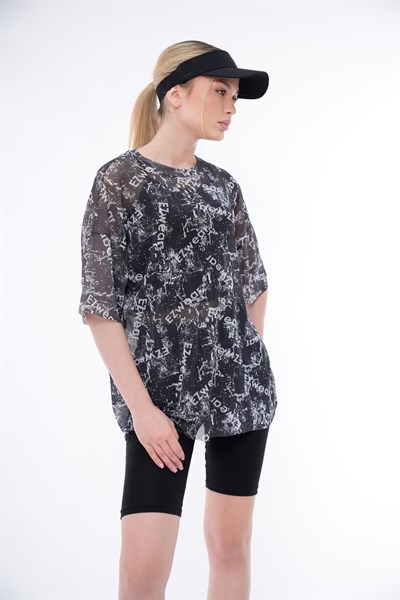 Kadın Tül Tişörtlü 3lü Spor Takım - Oversize Tişört, Tayt ve Atlet Set 25011