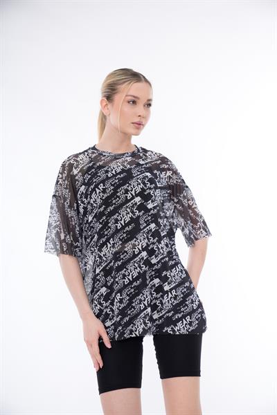 Kadın Tül Tişörtlü 3lü Spor Takım - Oversize Tişört, Tayt ve Atlet Set 25011