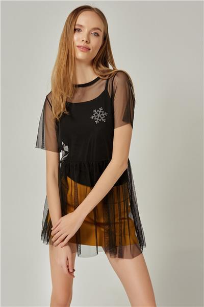 Kadın Tüllü İp Askılı Bluz 20059 Siyah