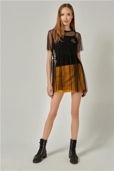 Kadın Tüllü İp Askılı Bluz 20059 Siyah