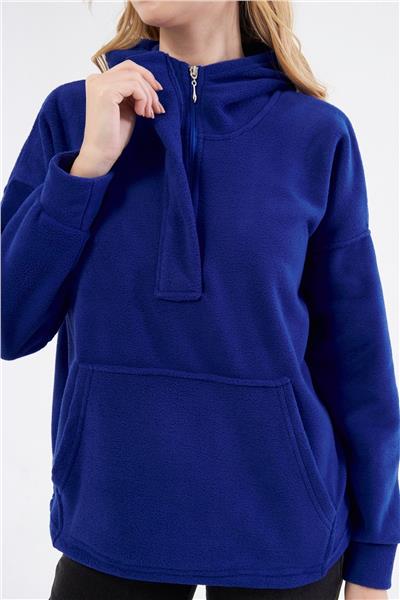 Kadin Yakasi Fermuarli Kapüşonlu Oversize Polar Kumaş Sweatshirt 23587-Sax